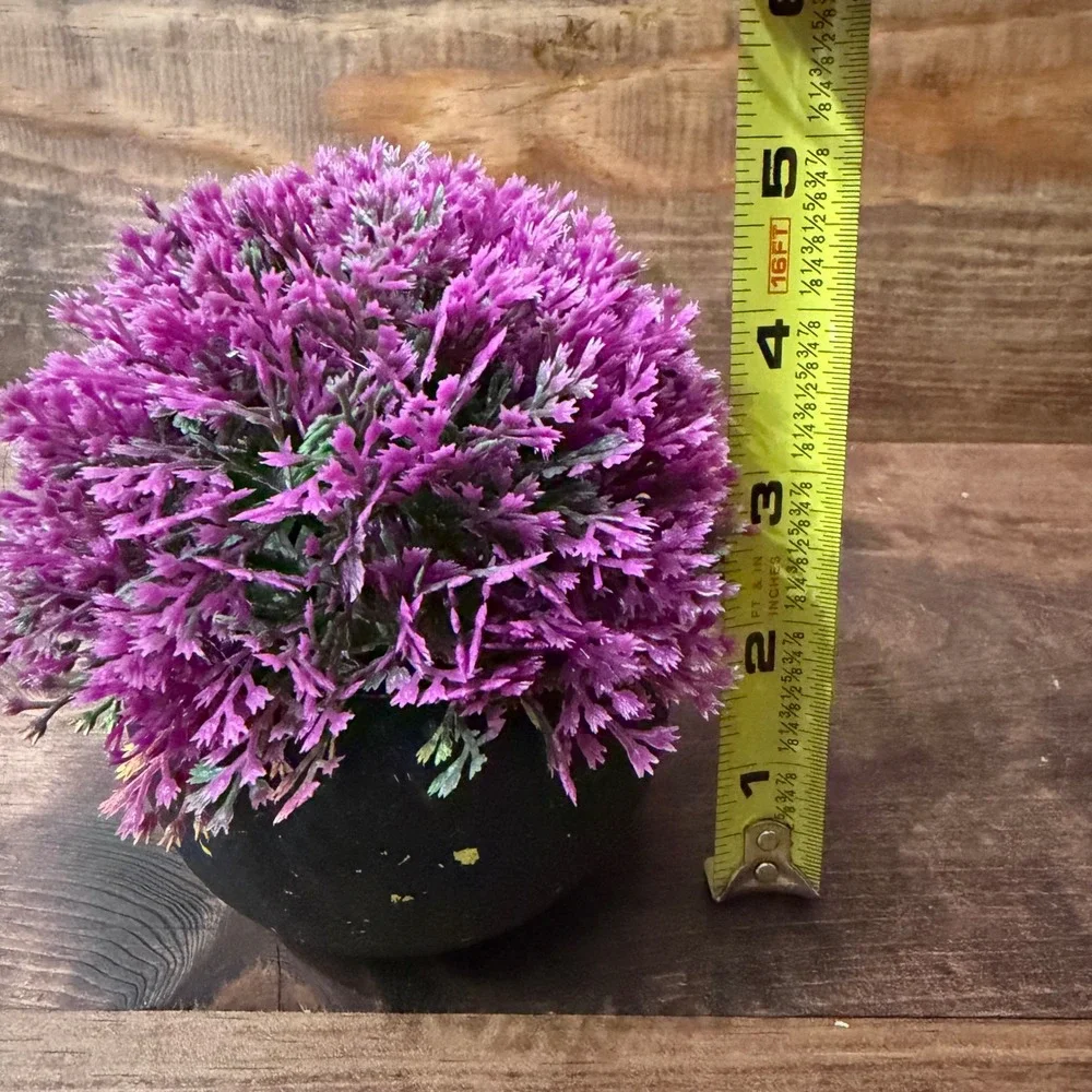 Faux Purple Plant in Textured Black Distressed Round Pot Decorative Accent